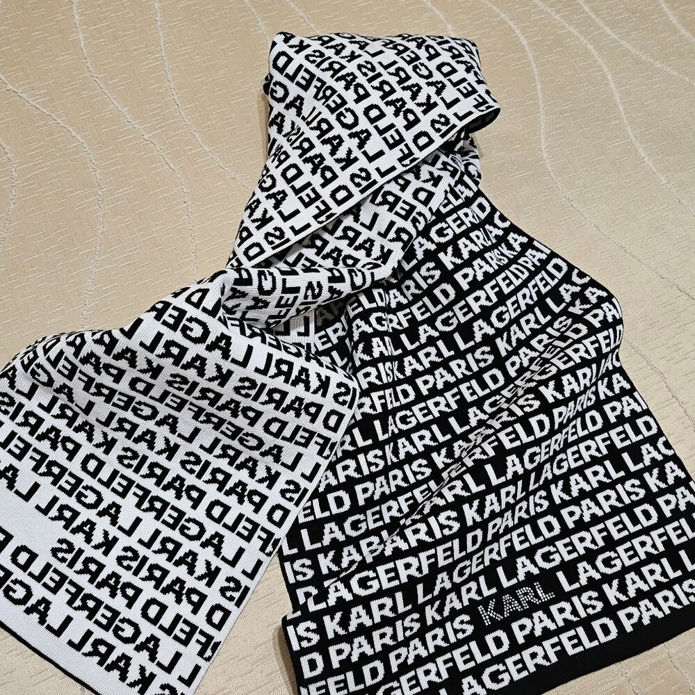 KARL LAGERFELD CHIC ICONIC MONOCHROME BLACK & WHITE  LOGO SCARF - Picture 8 of 15